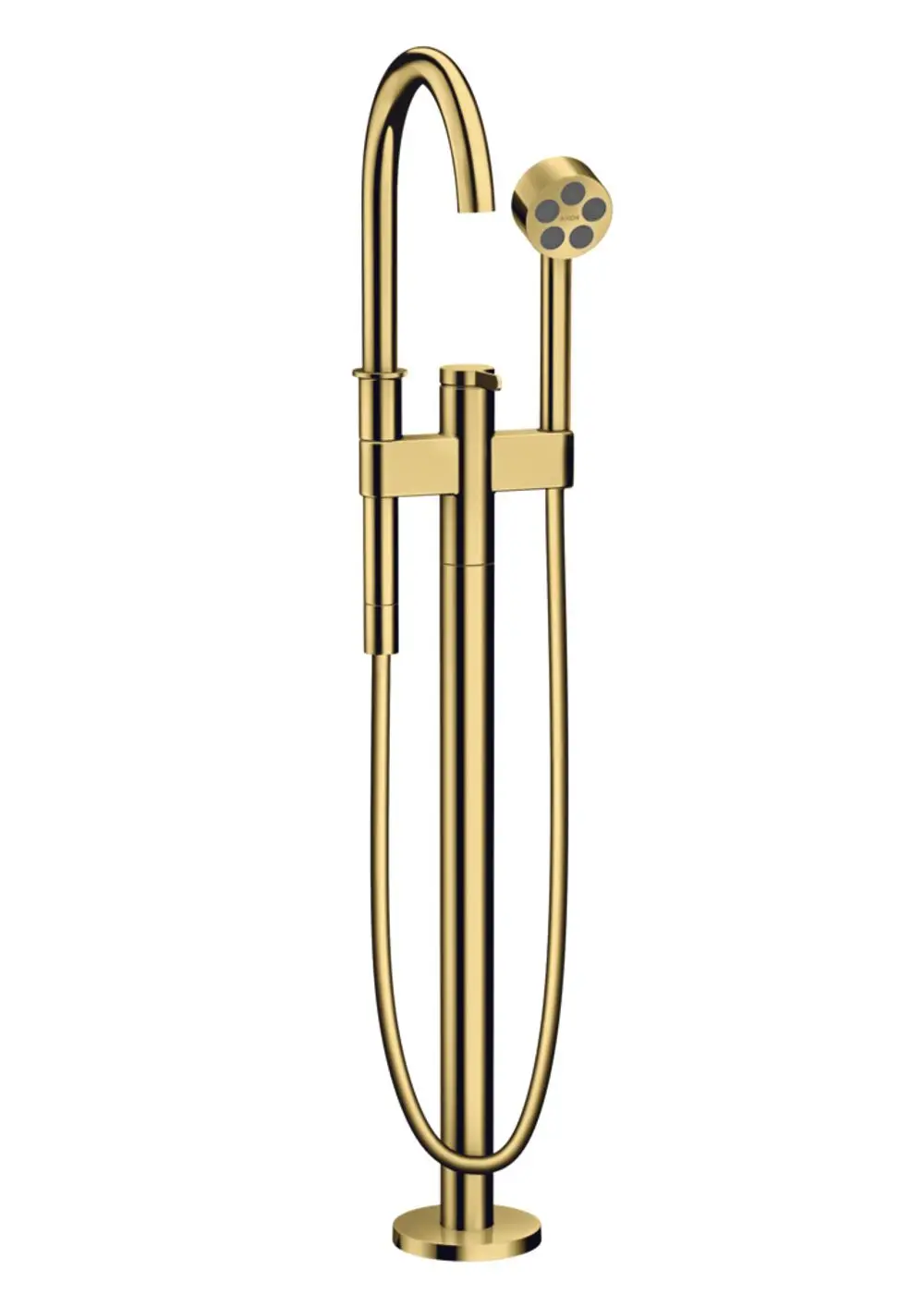 Stehender Einhebel-Wannenmischer in Polished Gold Optic von AXOR, mit Handbrause und klaren Linien, montiert auf einem stabilen Sockel.
